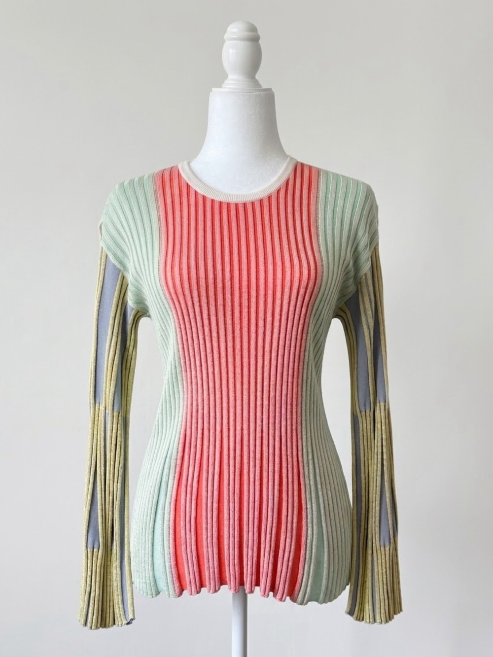 KENZO Colorblock Striped Ribbed Knit Sweater Flared Bell Long Sleeve Size L